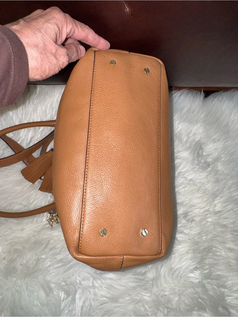 Tory Burch Cognac Pebbled Leather Tote with Tassel and Chain Strap
